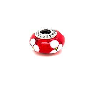 PANDORA RED GLASS WHITE FLOWERS STERLING SILVER CHARM